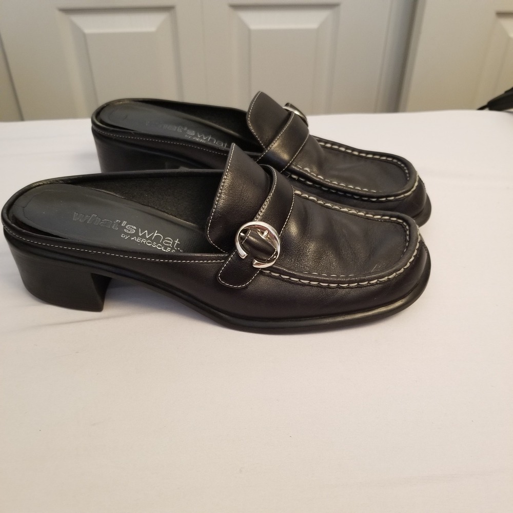 Whats What by Aerosoles Womens Black Leather Buckle Mule Loafers Block Heel 7M